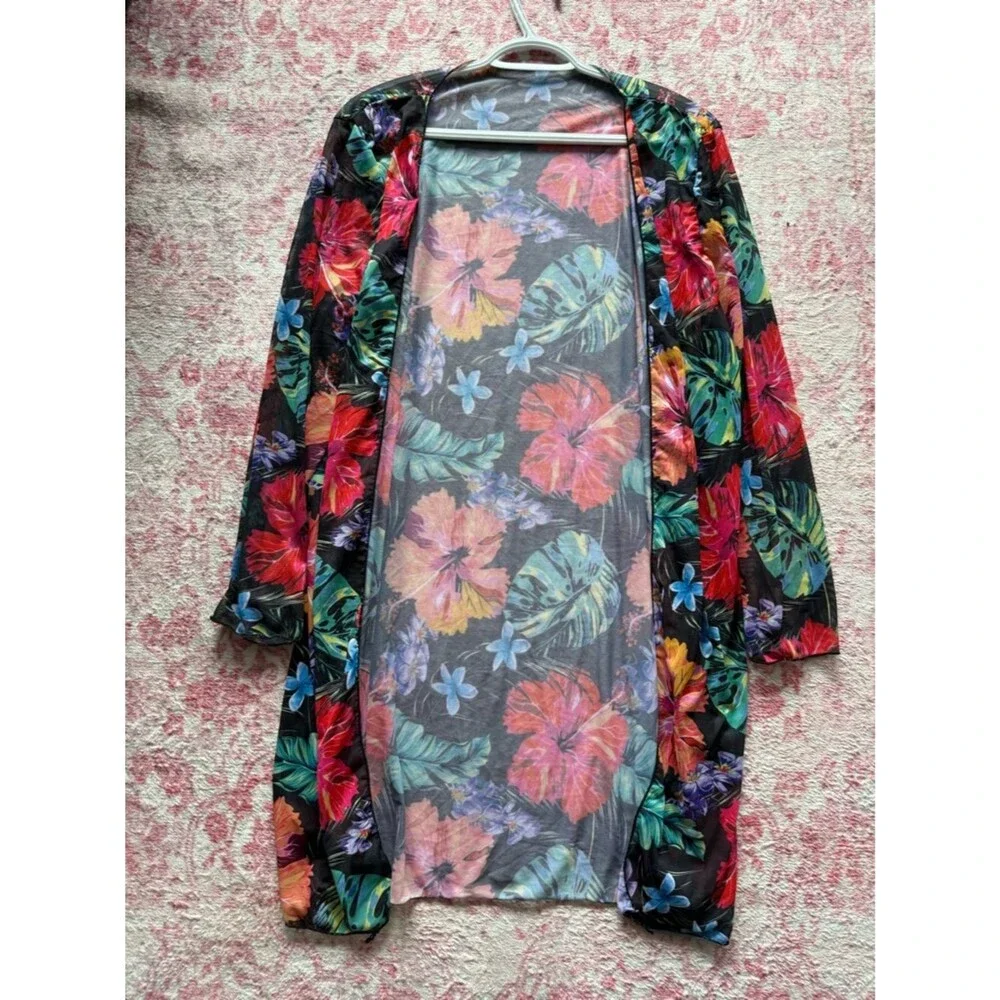 Tropical Floral Sheer Swim Coverup - Black with Multicolor Hibiscus